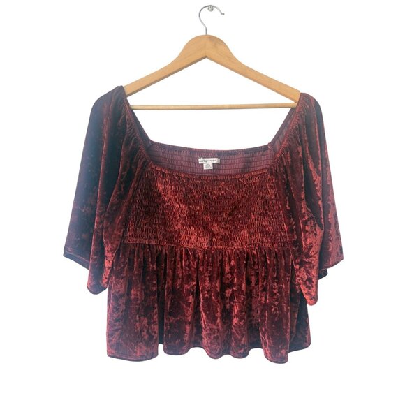 American Eagle Velvet Y2K Babydoll Top Size L Smocked Ruffle Boho Peasant Earthy - Picture 2 of 8